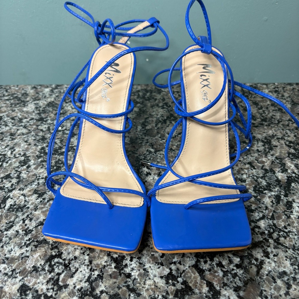 Mixx Shuz Nelly Royal Blue Lace Up Square Toe Stiletto Sandals Size 7